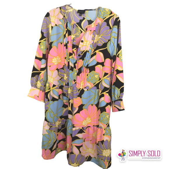 Who What Wear Women's Black Pink Floral Dress Mini Puff Sleeve 3/4 Bohemian Sz M - Picture 2 of 9